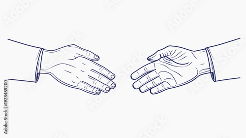 A monochrome line drawing depicts two hands outstretched in a gesture of unity or greeting