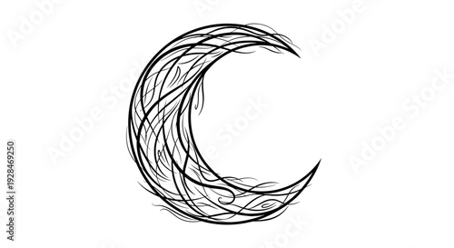 Crescent Moon Hand Drawn Line Art.