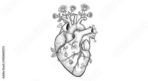 Detailed Anatomical Heart with Flowers Illustration.