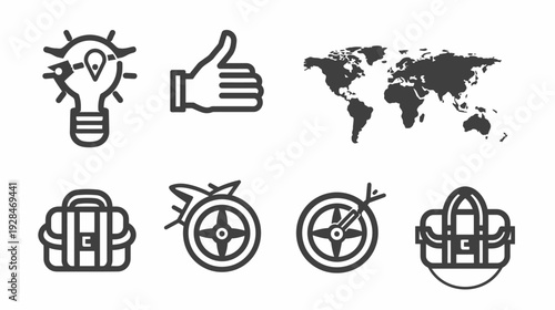 Collection of travel-related icons featuring a lightbulb, thumbs-up, world map, bag, and compasses