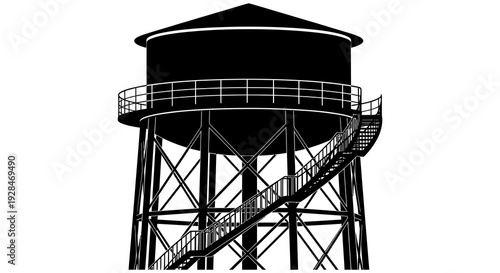 A stark black and white illustration of a water tower with a surrounding staircase