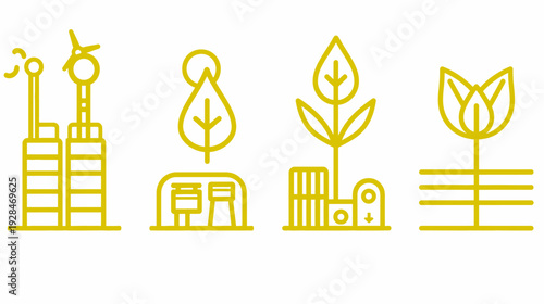 Stylized yellow icons of infrastructure, nature, and industry elements against a white backdrop