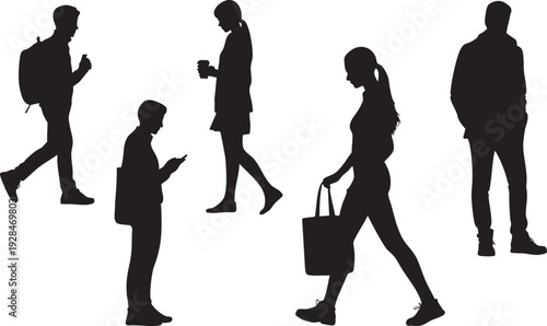 People in motion, walking and using phones in city, contemporary life silhouettes