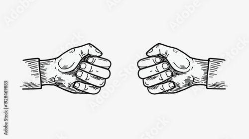 A monochrome illustration showcasing two clenched fists facing each other, detailed and inked on a plain backdrop