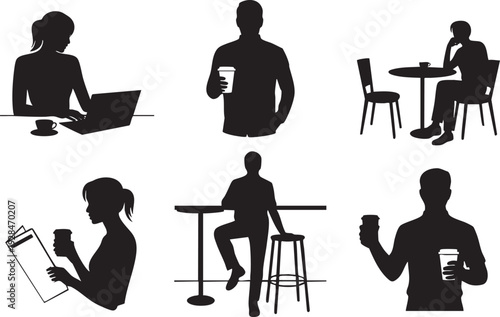 Cafe and coffee shop silhouettes showing people working, relaxing, and enjoying beverages and reading.