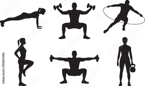 Silhouettes of people exercising with dumbbells, jump rope, and in plank position