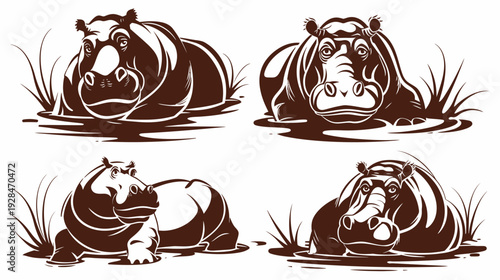 Four stylized illustrations of hippos, drawn in shades of brown, with some water and grass