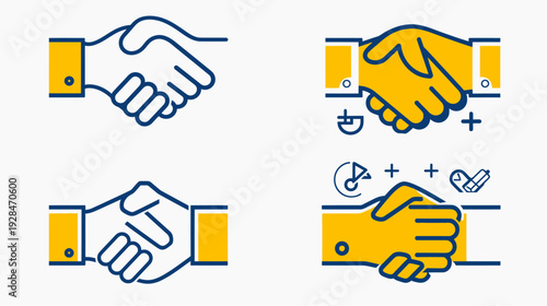 Four stylized illustrations depicting handshakes. Different color palettes and icons are added