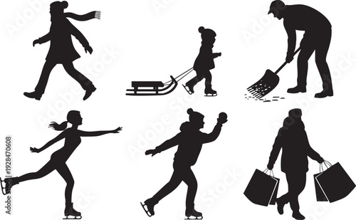 Collection of black silhouette figures enjoying winter activities such as ice skating, sledding, and shoveling snow.