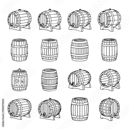 Collection of Wooden Barrels Outline Icons Various Styles and Angles