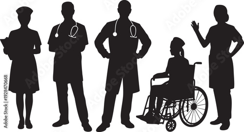 Group of medical professionals in silhouette form: doctors, nurses, and patient in wheelchair, on a transparent background.