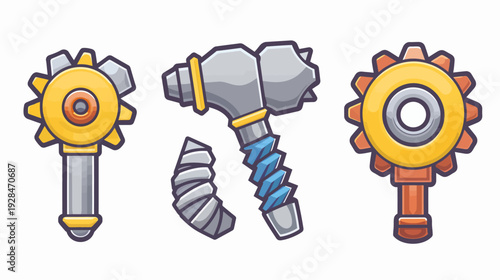 A collection of stylized mechanical gear and hammer illustrations on a white background