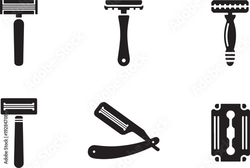Set of Six Black Razor Icons: Shavers, Straight Razor, Blade