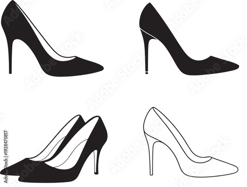 Stylish Women's Shoes Icons bundle set Black Heels and Outline Sparkle