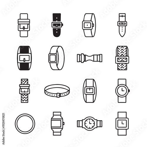 Collection of watch strap and watch case icons minimalist line art