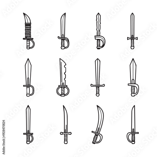 Collection of Vintage Sword Icons and Blades with Different Styles