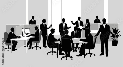 A silhouetted group of business professionals interacting in a modern office setting