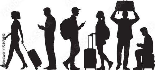 Travelers and tourists silhouettes with luggage suitcases and backpacks waiting in line for transit