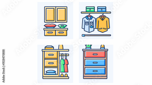 Colorful illustrated representations of various furniture pieces. Wardrobe, drawers and clothing