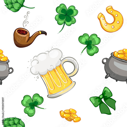 Seamless pattern with beer mugs and clover leaves, golden horseshoe. for beer halls, for st. patricks day