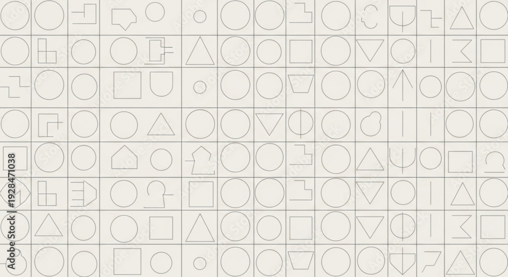 Obraz premium Geometric shapes grid pattern with various circles triangles and squares in a minimalist design on a white background perfect for modern graphic resources