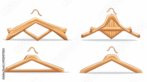 Four stylized wooden coat hangers with varied geometric designs, isolated on a white background