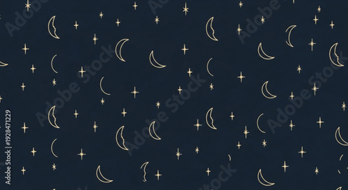 Celestial night sky pattern with crescent moons and stars on dark blue background ideal for design projects and nighttime themes
