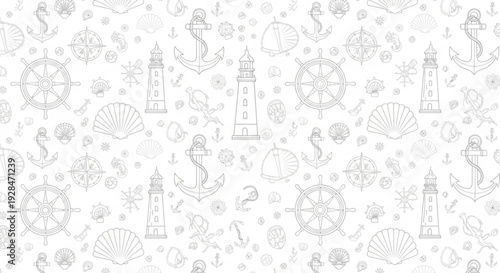 Seamless nautical pattern with lighthouses anchors seashells and seahorses in soft gray tones on white background ideal for marine themed designs