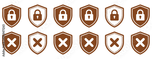 security shield icon set, lock and unlock, check mark and cross mark protection symbols, outline and solid vector graphics, privacy and access control concept, modern cybersecurity and safety design