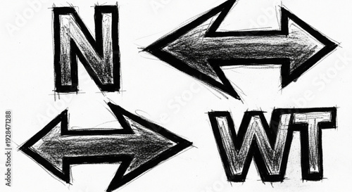 Directional arrows pointing in four different directions with bold letters n and wt on white background hand drawn sketch style black and white contrast