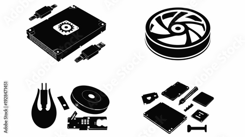 Black and white graphic of electronic components, including a fan, circuit boards and plugs
