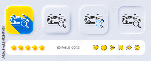 Search car line icon. Neumorphic, Flat shadow, 3d buttons. Find transport sign. Magnify glass. Line search car icon. Social media icons. Vector