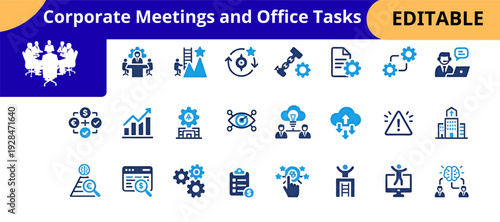 Corporate Meetings and Office Tasks Editable Business Icon Set