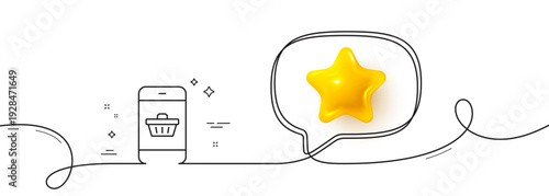 Mobile Shopping cart line icon. Continuous line with 3d star. Smartphone Online buying sign. Supermarket basket symbol. 3d star in speech bubble. Smartphone buying single line ribbon. Vector