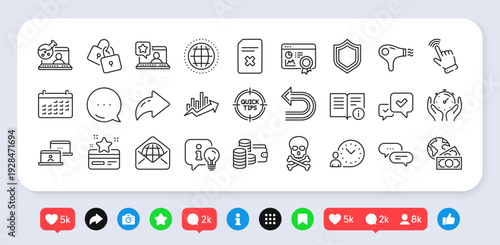 Undo, Calendar and Hair dryer line icons pack. Social media: share, comment, like icons. Security, Approve, Chemical hazard web icon. Timer, Tips, Outsource work pictogram. Vector