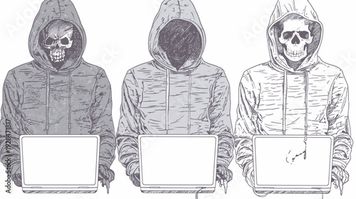 Three skull-faced figures in hoodies, using laptops. Monochrome illustration on a white background
