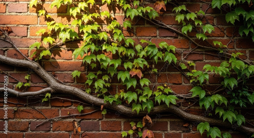 Obraz premium A lush green vine grows up a red brick wall