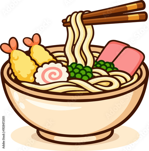 Flat illustration of udon noodle soup in a bowl with chopsticks. Traditional Japanese dish with tempura shrimp, fish cake and vegetables. Asian cuisine food illustration isolated on light background.