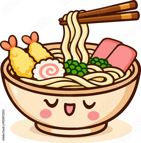 Kawaii illustration of a bowl of udon noodles with tempura shrimp, fish cake and vegetables. Cute smiling bowl with chopsticks in playful cartoon style.