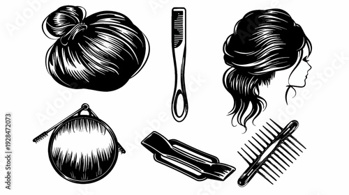 Artistic black and white illustrations featuring hairstyles, a comb, a clip, and a hand mirror