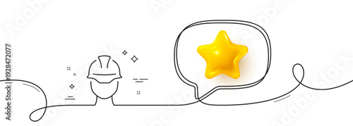 Foreman line icon. Continuous line with 3d star. Engineer or architect sign. Construction helmet symbol. 3d star in speech bubble. Foreman single line ribbon. Loop curve pattern. Vector