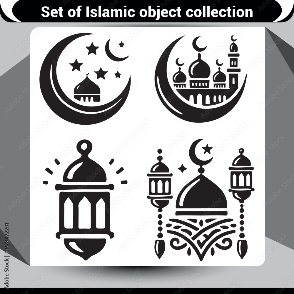Obraz premium Islamic black and white icons: crescent moon, mosque, and traditional lanterns