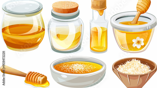 A collection of various containers and bowls filled with honey, showcasing a golden, sweet substance