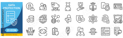 Data protection Web Icon Set in Line Style. privacy, secured, technology, network, personal information and more. Editable stroke. Vector illustration.