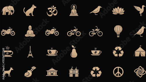 Assorted icons representing various modes of transportation and recycling symbols Vector