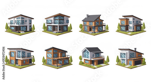 Modern house isometric vector set. Architecture design.