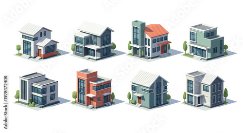 Modern house isometric vector illustration set