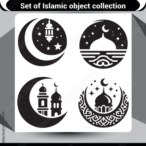 Four Islamic circular motifs with crescent moons, mosques, stars, and ornate patterns