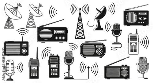 Collection of vintage and modern communication devices in a black and white style