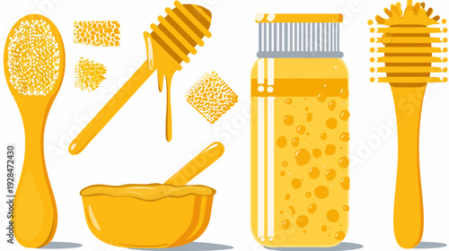 Illustration of honey-related items including a spoon, honeycomb, dipper, jar, and serving utensil